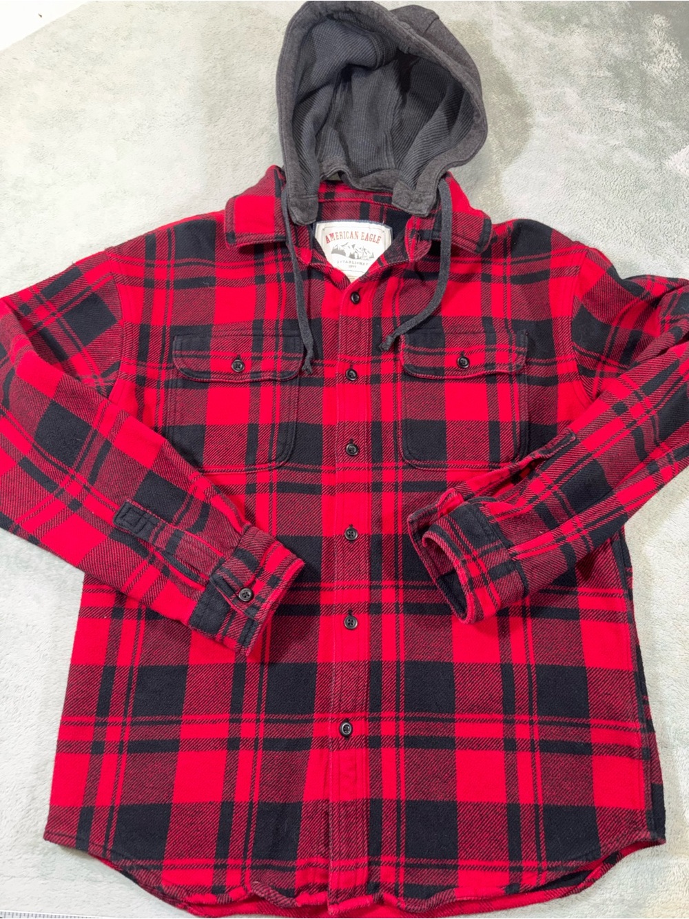 American Eagle Men’s Hooded Flannel Shirt Red Black Buffalo Plaid Small
